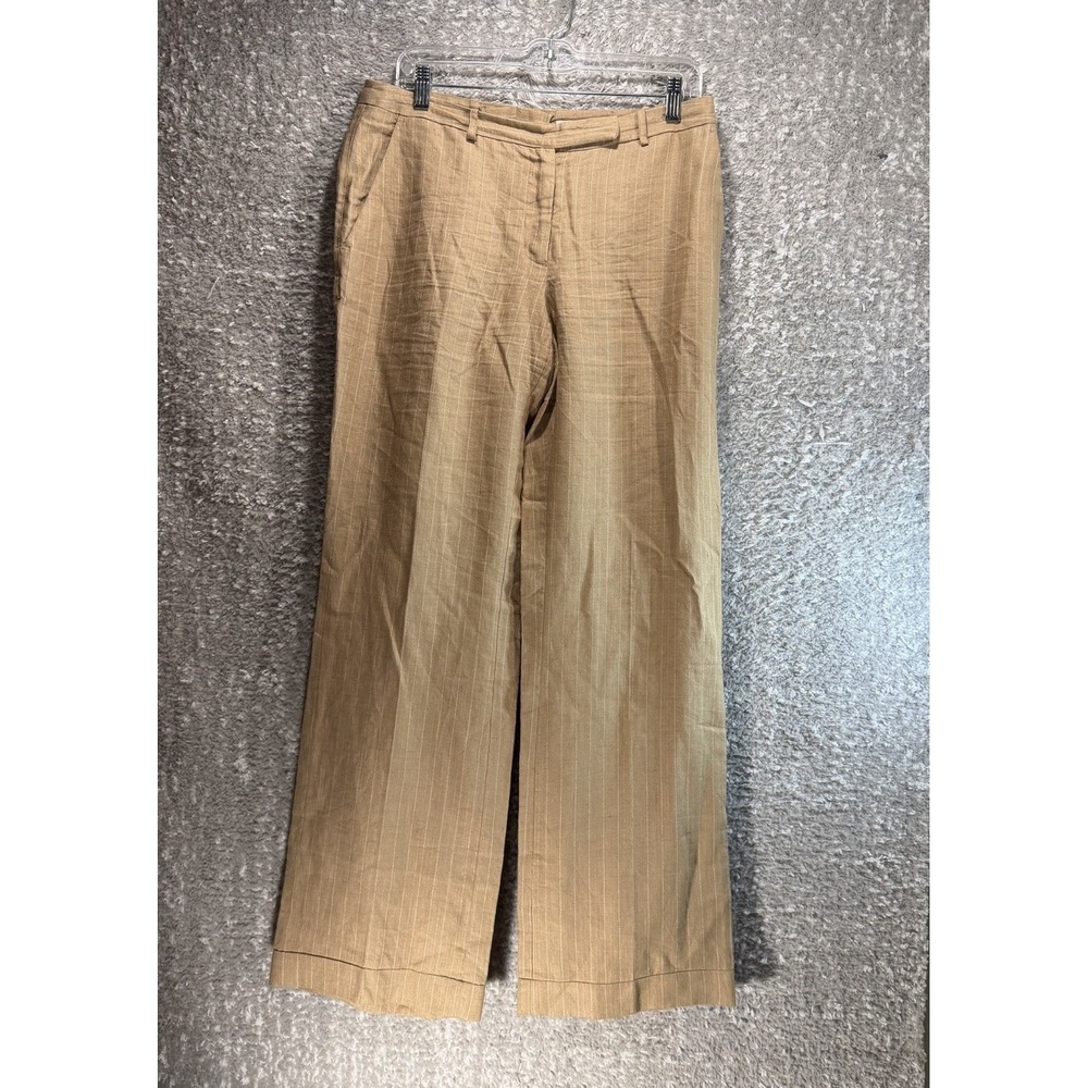 H&M Linen Pinstriped Brown Wide Leg Cuffed Trousers Pants Sz 10 Preppy Coastal
